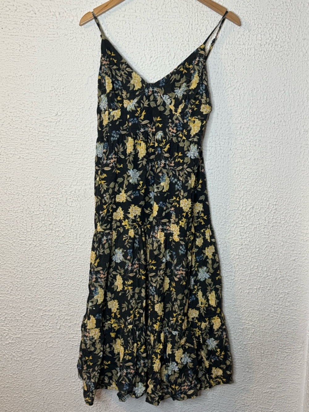 Lulu's Black Floral Tiered Midi Dress with Yellow Accents